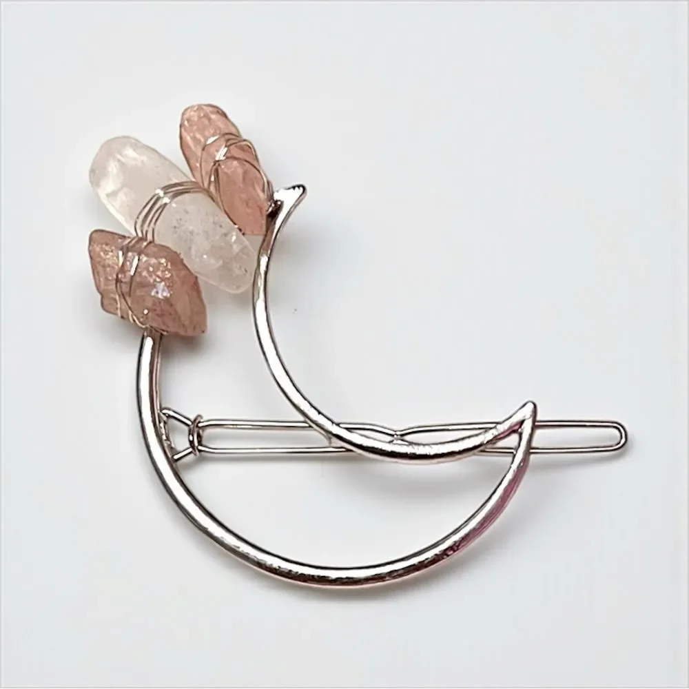 Handmade Rose Quartz And White Quartz Silver Crescent Moon Hair Clip